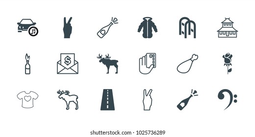Sketch icons. set of 18 editable filled and outline sketch icons: runway, opened champagne, peace, moose, temple, meat leg, credit card in hand, envelope with dollar bill