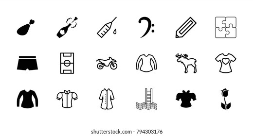 Sketch icons. set of 18 editable filled and outline sketch icons: meat leg, bass clef, champagne, man swim wear, moose, pencil, blouse, overcoat, t-shirt with heart