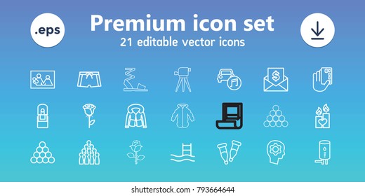 Sketch icons. set of 21 editable outline sketch icons includes overcoat, rose, bowling, biliard triangle, pool ladder, family photo, credit card in hand, candle heart, pipette