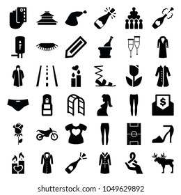 Sketch icons. set of 36 editable filled sketch icons such as pencil, overcoat, sandals, underpants, opened champagne, bowling, tulip, meat leg, credit card in hand