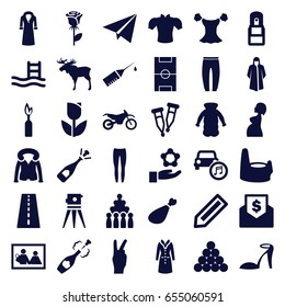 Sketch icons set. set of 36 sketch filled icons such as moose, runway, pencil, baby potty, heel sandals, overcoat, underpants, blouse, theodolite, rose, opened champagne