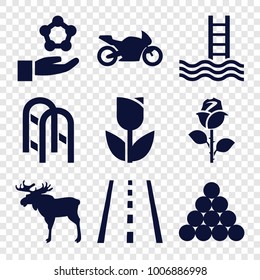 Sketch icons. set of 9 editable filled sketch icons such as moose, biliard triangle, tulip, atom in hand, motorbike, rose, runway, pool ladder