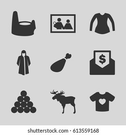 Sketch icons set. set of 9 sketch filled icons such as moose, baby potty, overcoat, blouse, meat leg, t-shirt with heart, envelope with dollar bill, biliard triangle