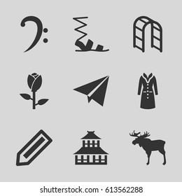 Sketch icons set. set of 9 sketch filled icons such as rose, moose, pencil, temple, sandals, overcoat, playground ladder, bass clef
