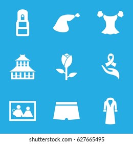 Sketch icons set. set of 9 sketch filled icons such as rose, temple, blouse, overcoat, meat leg, ribbon on hand, office supply, man swim wear