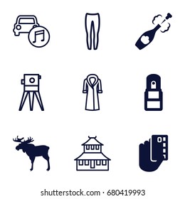 Sketch icons set. set of 9 sketch filled and outline icons such as moose, office supply, champagne, temple, underpants, overcoat, theodolite, car music