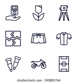 sketch icons set. Set of 9 sketch outline icons such as blouse, puzzle, theodolite, pipette, mp3 player on hand, man swim wear, football pitch, motorbike