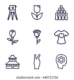 Sketch icons set. set of 9 sketch outline icons such as rose, temple, theodolite, t-shirt with heart, gear in head, peace, tulip