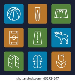 Sketch icons set. set of 9 sketch outline icons such as runway, moose, underpants, overcoat, playground ladder, basketball, man swim wear, football pitch