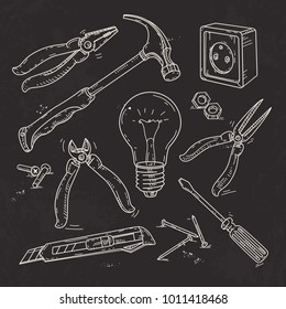 and sketch icons set of carpentry tools, lamp, pliers and a hammer