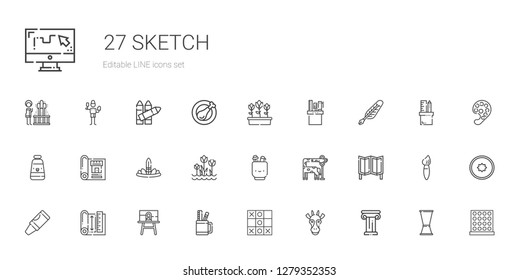 sketch icons set. Collection of sketch with architecture, giraffe, tic tac toe, pencil case, canvas, blueprint, crayon, room divider, tulips. Editable and scalable sketch icons.