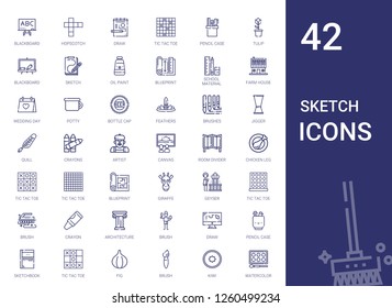 sketch icons set. Collection of sketch with blackboard, hopscotch, draw, tic tac toe, pencil case, tulip, oil paint, blueprint, school material. Editable and scalable sketch icons.