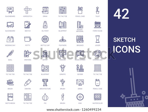 sketch\
icons set. Collection of sketch with blackboard, hopscotch, draw,\
tic tac toe, pencil case, tulip, oil paint, blueprint, school\
material. Editable and scalable sketch\
icons.