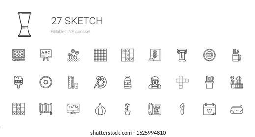 sketch icons set. Collection of sketch with brush, blueprint, tulip, fig, draw, room divider, tic tac toe, hopscotch, artist, oil paint, palette. Editable and scalable sketch icons.
