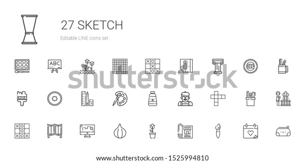 sketch icons\
set. Collection of sketch with brush, blueprint, tulip, fig, draw,\
room divider, tic tac toe, hopscotch, artist, oil paint, palette.\
Editable and scalable sketch\
icons.