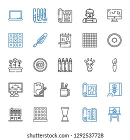 sketch icons set. Collection of sketch with canvas, blueprint, jigger, tic tac toe, farm house, wheat flour, pencil case, brush, giraffe, crayon. Editable and scalable sketch icons.
