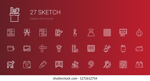 sketch icons set. Collection of sketch with palette, paint palette, tulips, room divider, crayon, wedding day, giraffe, chicken leg, watercolor. Editable and scalable sketch icons.