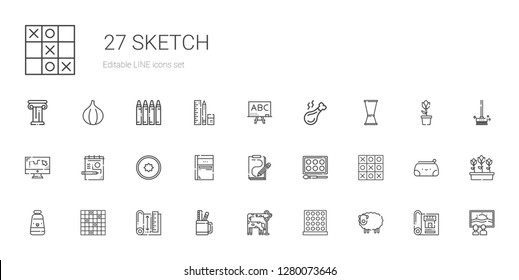 sketch icons set. Collection of sketch with sheep, tic tac toe, giraffe, pencil case, blueprint, oil paint, watercolor, sketchbook, kiwi, draw. Editable and scalable sketch icons.