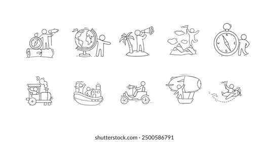 Sketch icons of travel, summer vacation, tourism and holiday trip. Doodle people travel in car, plane, airship and train. Hand drawn icons of globe, map, compass and telescope, vector illustration