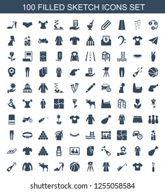 sketch icons. Trendy 100 sketch icons. Contain icons such as dynamite, t shirt with heart, injection rash, overcoat, theodolite, basketball, heel sandals. sketch icon for web and mobile.