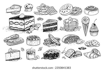 Sketch icons vintage vector illustrations collection of desserts and bakery