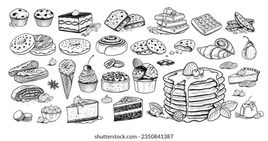 Sketch icons vintage vector illustrations set of desserts and bakery