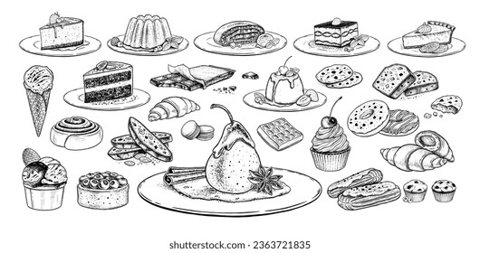 Sketch icons vintage vector illustrations collection of desserts and bakery