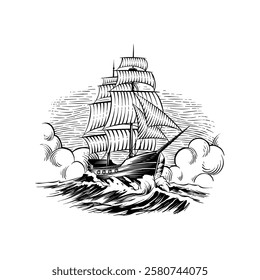 sketch illustration of an ancient ship using engraving techniques