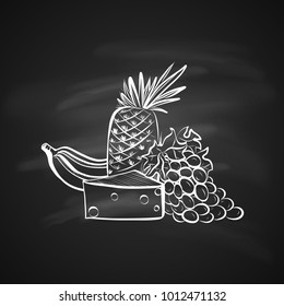 Sketch Illustration of Banana Pineapple Cheese and Grapes. Hand Drawn Icon on Blackboard