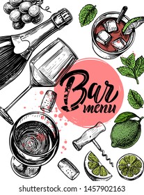 sketch illustration bar bottle, glasses, grape vine, cocktail, hand drawn