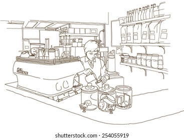 The sketch illustration of barista working at a coffee shop