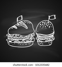 Sketch Illustration of Big Hamburger or Cheeseburger with Flag. Hand Drawn Icon on Blackboard