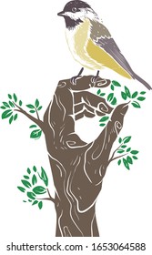 Sketch Illustration of a Bird Tit Perching on a Hand Shaped Tree