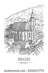 Dibujo ilustrativo de La Iglesia Negra en la ciudad de Brașov en el sureste de Transilvania, Rumania. Esbozo urbano en color negro sobre fondo blanco. Un viejo edificio dibujado a mano, un bolígrafo sobre papel. Vector