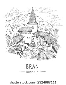 Sketch illustration of Bran Castle in Transylvania, Romania. Commonly known as Dracula's Castle. Urban sketch in black color on white background. A hand-drawn old building, a pen on paper. Vector.