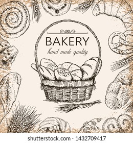 sketch illustration of bread basket and bakery products. Template for bakery logo and banner. Vector illustration in vintage style.