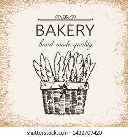 sketch illustration of bread basket and bakery products. Template for bakery logo and banner. Vector illustration in vintage style.