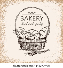 sketch illustration of bread basket and bakery products. Template for bakery logo and banner. Vector illustration in vintage style.