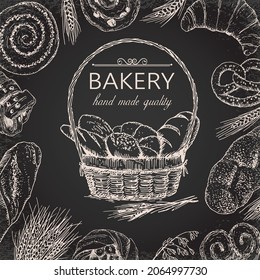 sketch illustration of bread basket and bakery products. Template for bakery logo and banner. Vector illustration in vintage style.