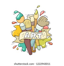 Sketch illustration with brushes. Doodle cute template about art with text. Hand drawn cartoon vector school design.