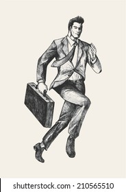 Sketch illustration of a businessman running with a briefcase