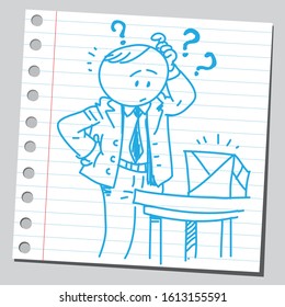 Sketch illustration of businessman wondering what is inside the box.