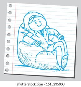 Sketch illustration of a businesswoman resting on bean bag.