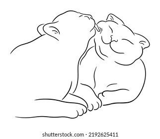 Sketch illustration of cat licks another smiling cat. Two pet cats caring each other. Pets friendly concept