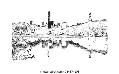 Sketch Illustration Of Central Park, New York City, USA In Vector.