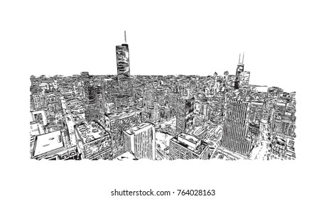 Sketch illustration of Chicago skyline, USA (United States of America) in vector. 