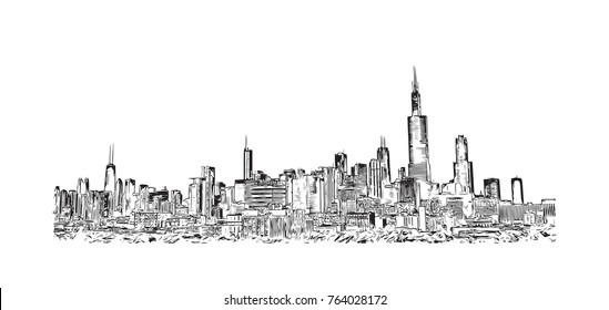 Sketch illustration of Chicago skyline, USA (United States of America) in vector. 