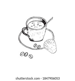 sketch illustration - coffee Cup with cookies and coffee