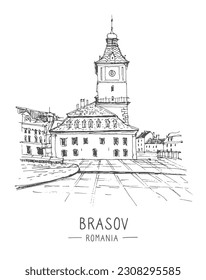 Sketch illustration of The Council Square in the historic centre of Brașov, Romania. Piața Sfatului. Urban sketch in black color on white background. A hand-drawn old building, a pen on paper. Vector