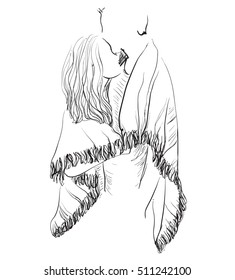 Sketch illustration couple man and woman with blanket. Autumn love